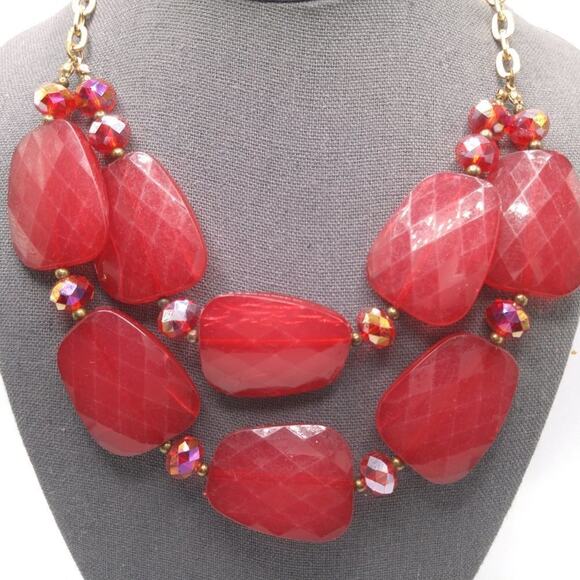 Red Large Bead Red Crystal Statement Necklace, Two Strands, 19 Inches - Picture 3 of 9